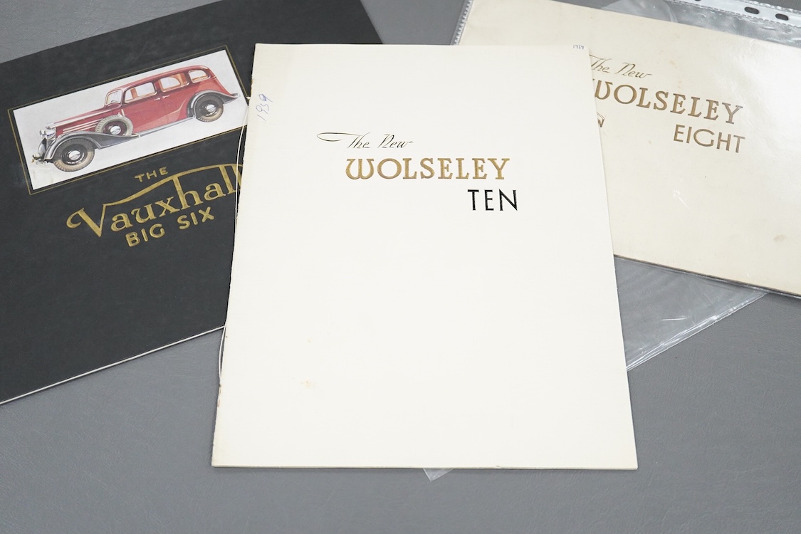 Three 1930s and 1940s motor car manufacturer’s brochures; the Vauxhall Big Six (produced 1934-40), the Wolseley Eight (produced 1946-48), including a separate price list dated June 1946, and the Wolseley Ten (produced 19